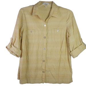 Dressbarn Top Womens Plus Size 1X Blouse Yellow Shirt Button Up Roll Tab Sleeve